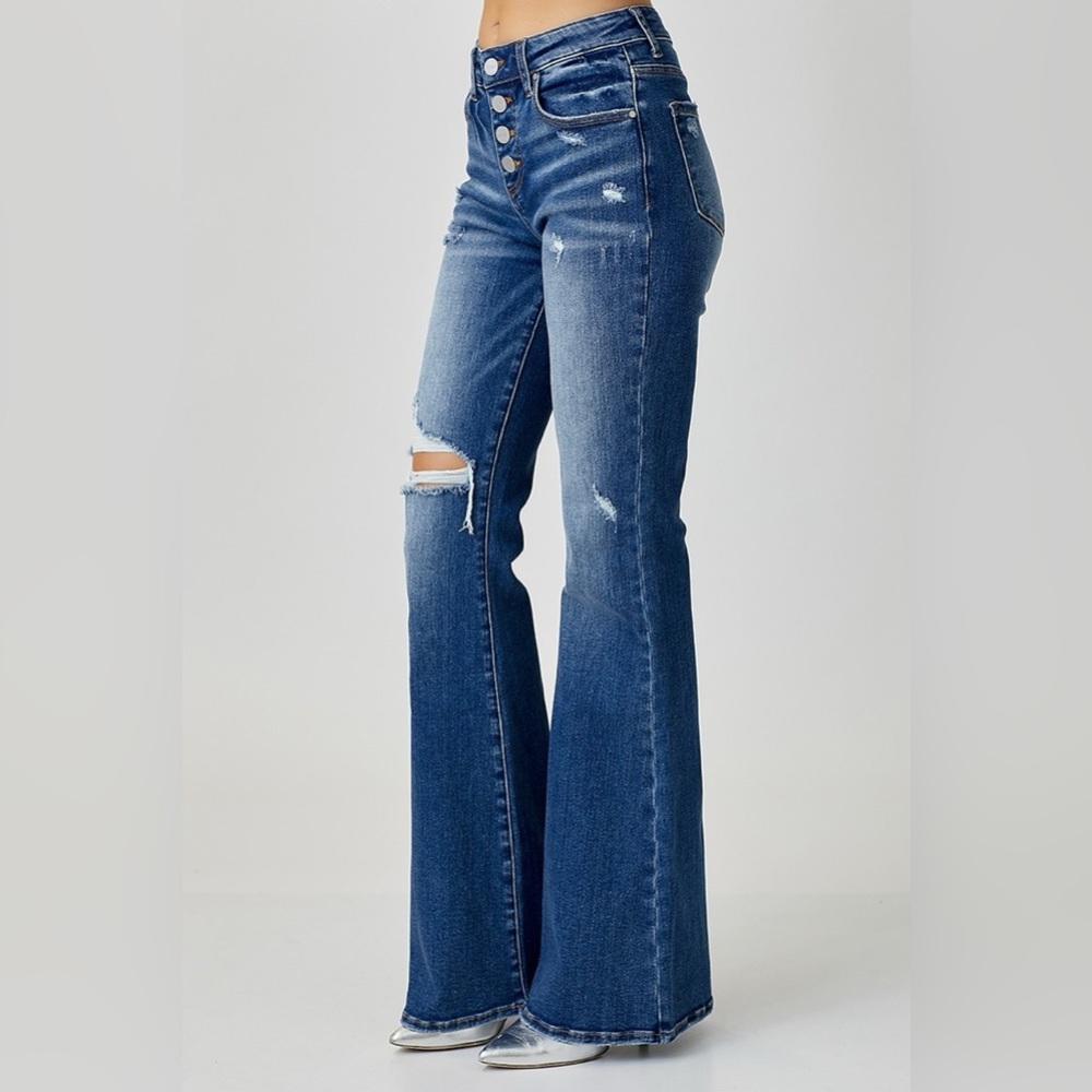 RISEN Distressed Button-Fly Flare Jeans - Picture 5 of 7